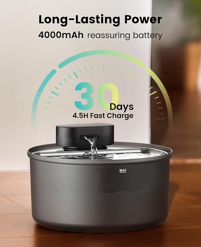 oneisall 108oz/3.2L Cordless Cat Water Fountain for Cats & Small Dogs | Ultra Quiet,Stainless Steel Tray,Rechargeable 45-day Battery,3 Flow Modes(Motion sensor),5-layer Filter,Display Indicator
