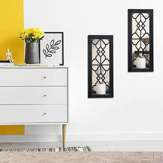 ZEXUIRU 2 Set Rustic Candle Sconces Living Room Bedroom Entryway Wood Mirrored, Farmhouse, Carved Frame Wall-Mount Wooden Candle Holders Wall Decor Hanging Handmade Holder - Black
