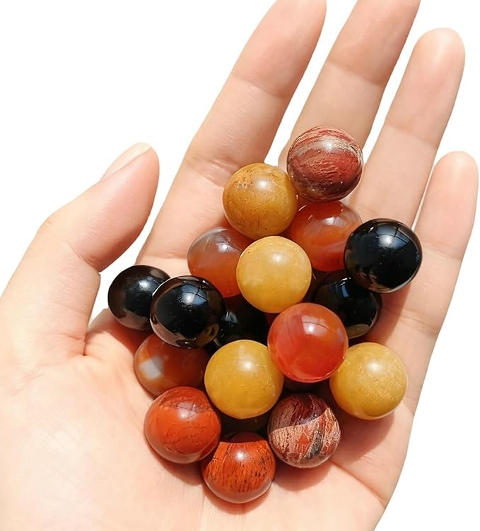 20Pcs 16mm Gemstone Spheres Natural Stone Balls Polished Assorted Small Marbles -Black Agate*5,Red Agate*5,Red Jasper*5,Yellow Jade*5