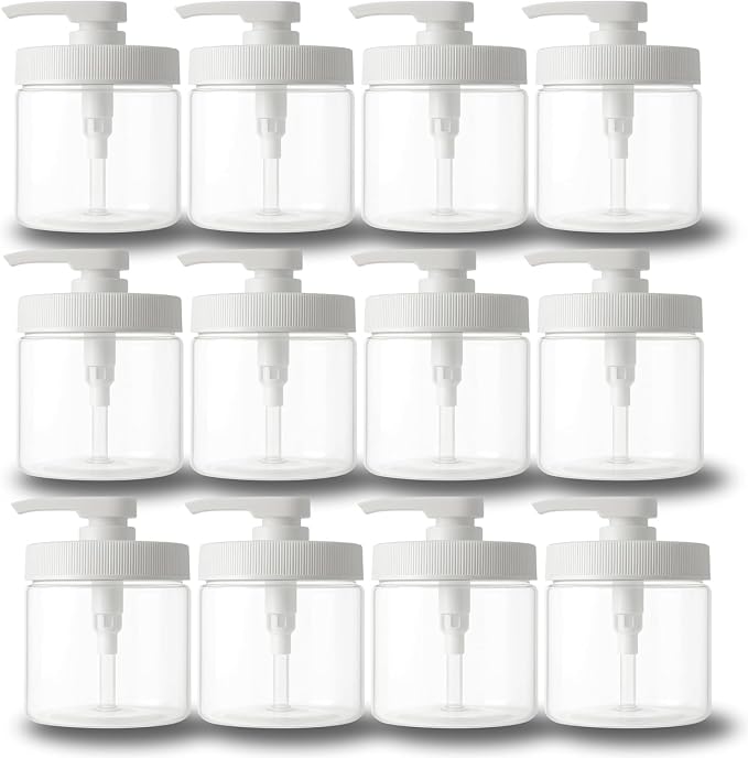 Royal Massage 16oz Refillable Pump Jar with Locking Dip Tube Dispenser – BPA-Free Plastic Container for Massage Oils, Lotions, Creams – Ribbed Lid Wide-Mouth Jar – Durable & Reusable (Clear/White, 12)