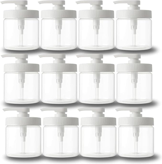 Royal Massage 16oz Refillable Pump Jar with Locking Dip Tube Dispenser – BPA-Free Plastic Container for Massage Oils, Lotions, Creams – Ribbed Lid Wide-Mouth Jar – Durable & Reusable (Clear/White, 12)