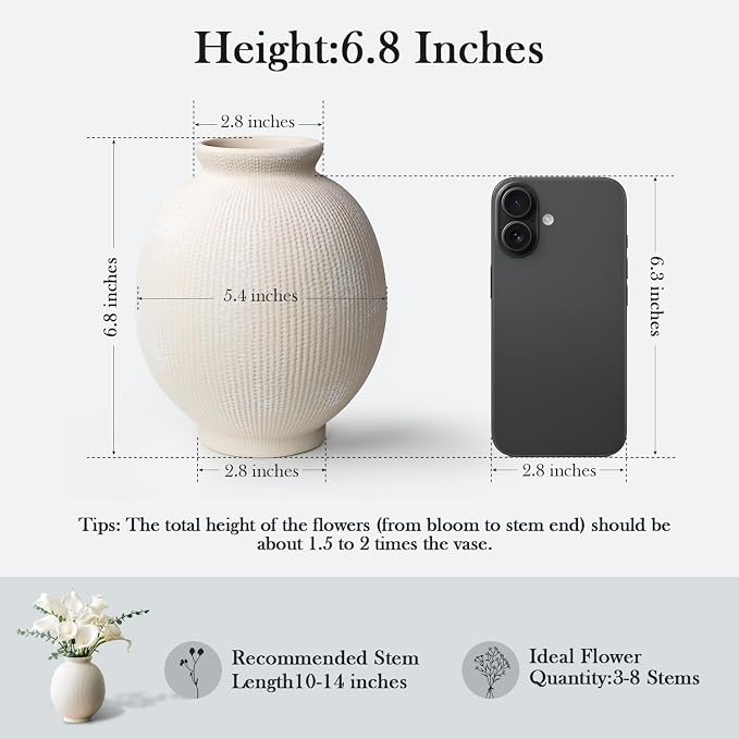 Ceramic Decorative Flower Vase - Rustic Farmhouse Boho Ceramic Vase for Home Decor, Table Centerpiece, Living Room, Bathroom, Book Shelf, Mantel Decoration, Wedding Decor (6.8" White)