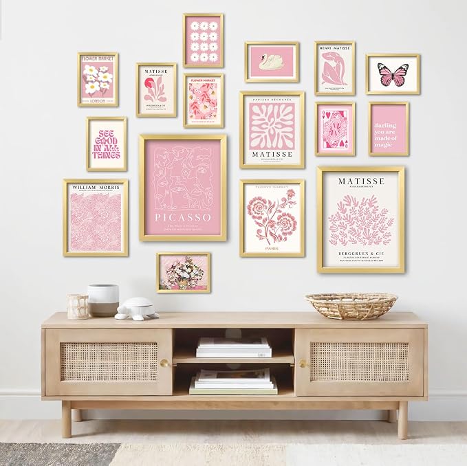16 PCS Framed Pink Wall Art Decor, Matisse Wall Prints for Bedroom, Gallery Wall Frame Set, Minimalist Posters for Living Room Aesthetic, Collage Kit, Teen Girls Dorm Home Artwork