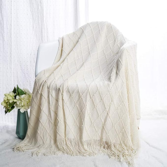 BATTILO HOME Large Cream Throw Blanket with Fringe, End of Bed Throw Blankets White,Spring Throw Blanket for Couch Sofa Indoor Outdoor, 52"x80"