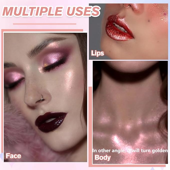 Pink Gold Highlighter Makeup Powder, Duochrome Radiant Shimmer Highlighting Makeup Pallet, Long Lasting Korean Iluminadores De Maquillaje, High Pigment Sparkly Shiny Face Illuminator for All Skin, #01
