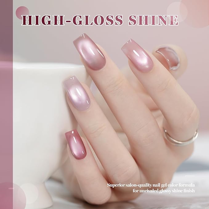 RARJSM Jelly Glassy Pink Cat Eye Gel Nail Polish Set 6Pcs Sparkle Ceramics Diamond Shimmer Nude Pink Colors Velvet Smoothie Cateye Gel Polish with Magnetic Stick Curing Require Home Salon Manicure
