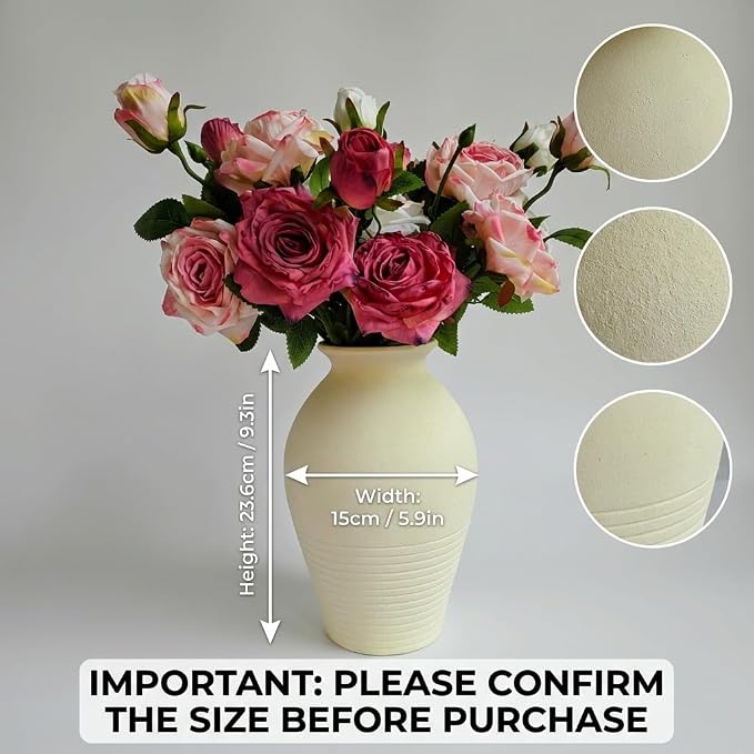 Ceramic Vase - Large & Elegant Farmhouse-Style Vases for Rustic Vintage Home Decor: Living Room, Bedroom, Office, Dining + More - Perfect for Tables, Shelves, Fireplaces & Coffee Desks (White)