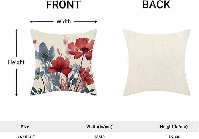 Floral Pillow Covers 16x16 Inches Set of 2 Independence Day Blue Red Floral Throw Pillow Covers Outdoor Rustic Spring Summer Flower Pillowcase Farmhouse Decorative Cushion Cover for Home Sofa