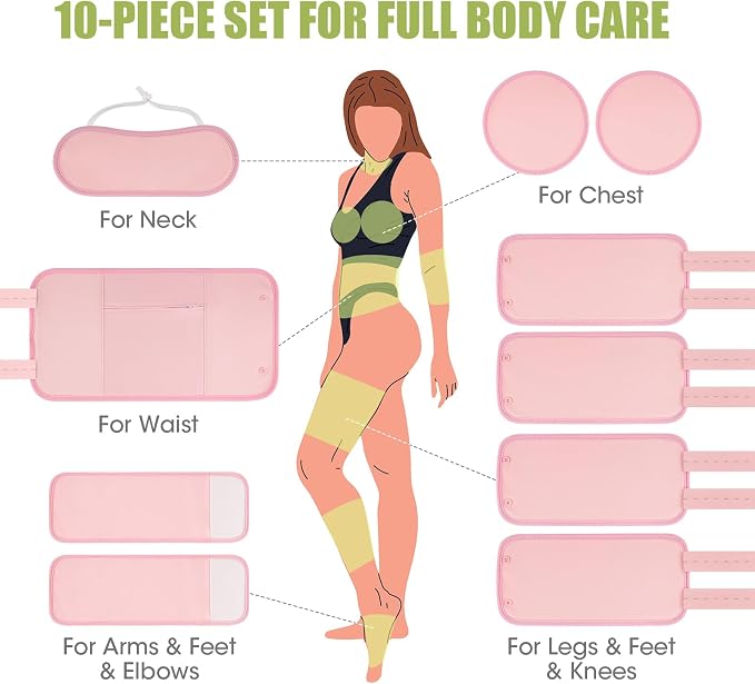 Castor Oil Pack Wrap-10 Pcs,Reusable & Adjustable Elastic Strap Castor Oil Compress wrap for Liver Detox,Constipation & Inflammation, Flannel Cotton Pads Kit for Neck Waist Chest Knee