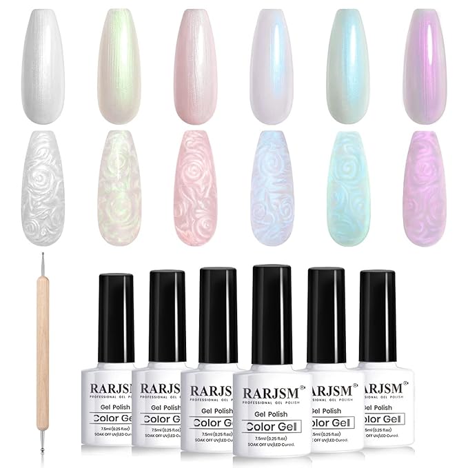 RARJSM Pearl Gel Nail Polish Set 6 Colors Pearlescent Shell Glitter White Gold Pink Green Purple Shimmer Mermaid Nail Gel Polish Soak Off Curing Requires Swirl Thread Effect DIY Manicure Use