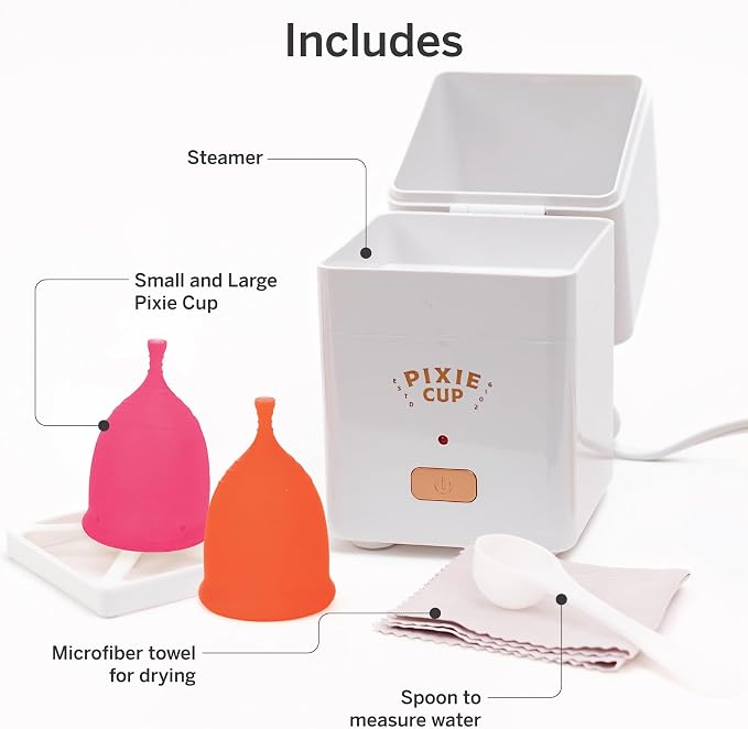 Pixie Menstrual Cups with Sterilizer - The Most Comfortable Soft Reusable Period Cup - Kills 99.9% of Germs with Clean Steam - Wash Your Cup in 3 Minutes! - Compact Sanitizer Kit for Feminine Care