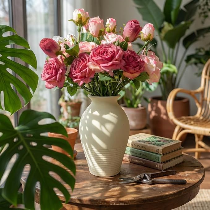 Ceramic Vase - Large & Elegant Farmhouse-Style Vases for Rustic Vintage Home Decor: Living Room, Bedroom, Office, Dining + More - Perfect for Tables, Shelves, Fireplaces & Coffee Desks (White)