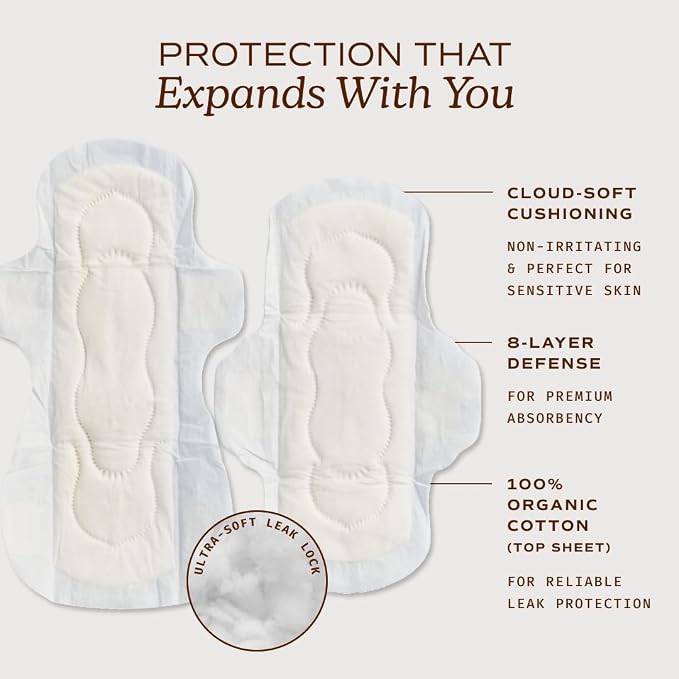 August Menstrual Day & Night Organic Cover Pads, 48-Pack Regular, 48-Pack Super Pads, Compostable Wrappers, Hypoallergenic Organic Cover Sanitary Napkins for Anyone Who Menstruates (6 Boxes of 16)