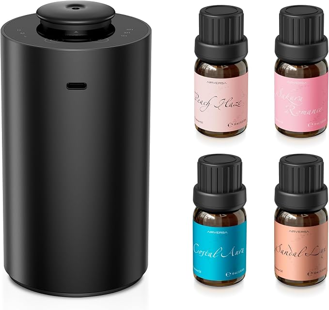 Airversa Waterless Essential Oil Diffuser Starter Kit with 4 x 10mL Fragrance Scent Oil, Battery Operated Mini Scent Air Machine Portable Diffuser for Home Car Office, ANX Black