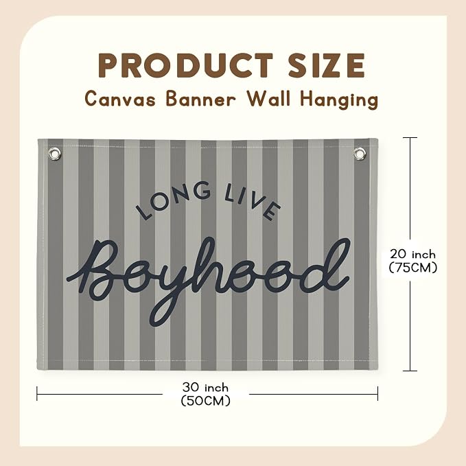 Boys Room Decor, Long Live Boyhood Linen Banner Hanging Flag, Vintage Stripes Banner Nursery Playroom Kids Bedroom Dorm Toddler Decorations Trendy Room Decor, Gifts for Teens 30x20 boyroom