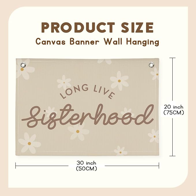 Cute Daisy Girls Room Decor, Long Live Sisterhood Linen Hanging Banner Flag,Boho Flower Banner for Nursery Playroom Wall Decor for Kids Bedroom Dorm Toddler Decorations 30x20,girlroom