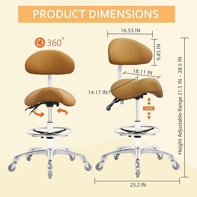 Saddle Stool Chair with Back Support Footrest, Heavy-Duty(350LBS), Hydraulic Rolling Swivel Adjustable Stool Chair for Salon Spa Beauty Massage Dental Clinic Home Office Use(Camel)