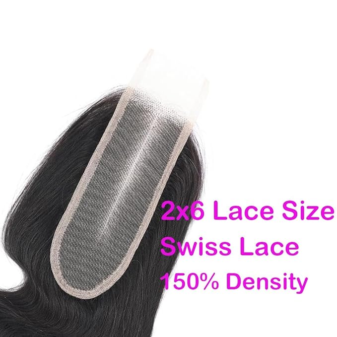 2x6 HD Transparent Skinlike Human Hair Lace Closure Body Wave 20inch 100% Brazilian 2x6 Closure Virgin Human Hair Kim K Middle Part Closure Body Wave Natural Black Glueless Pre Plucked Bleached