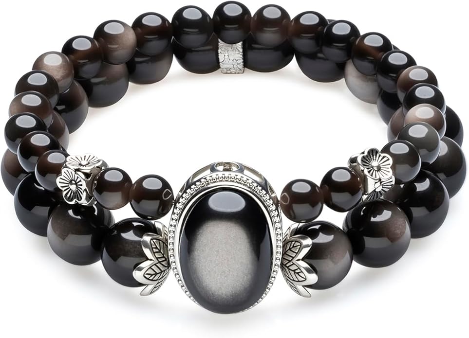 Black Obsidian Crystal Bracelet for Women, Stretch Elastic Bead Chakra Healing & Protection Bracelet, Positive Energy Jewelry Gift for Her, Girlfriend, Bestie, Birthday, Valentine‘s Day