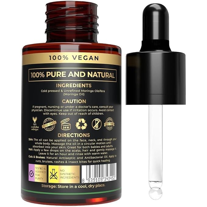 Plant Based Moringa Oil Organic and Cold Pressed Carrier Oil for Hair, Face & Skin – Anti-Aging, Hydrating & Nourishing Moringa Drops for Blends
