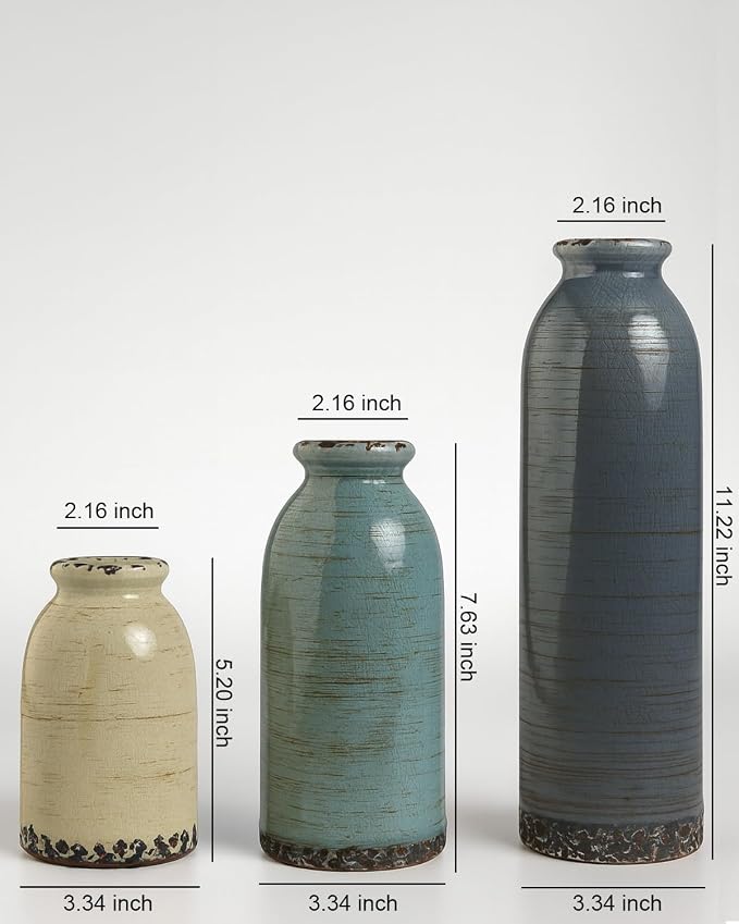 Modern Pottery Vase Set of 3, Neutral Ceramic Bottle Vases for Home Decor | Morandi colors and glazed rustic finish for flowers, table centerpieces, shelves and living rooms