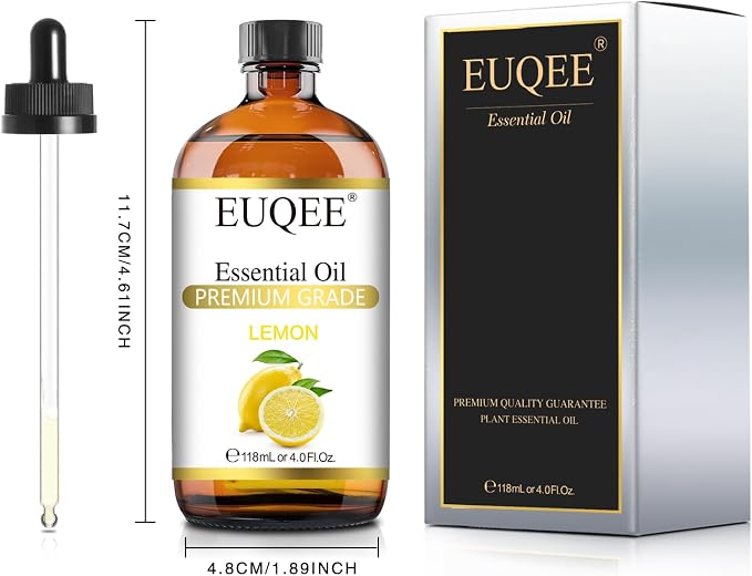 EUQEE Lemon Essential Oil with Glass Dropper, Great for Aromatherapy, DIY Soap, Humidifier, Candle Making(4Fl oz/118mL)