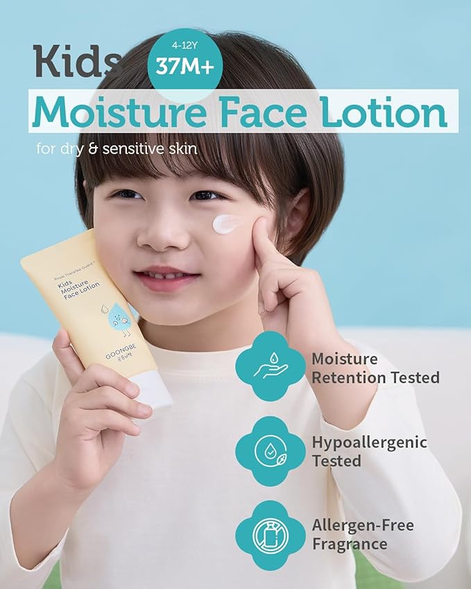 GOONGBE Kids' Moisture Face Lotion - Korean Kids Daily Face Moisturizer - 8hr Moisturizing Refreshing Cream Type Lotion with Cica and Allantoin - Allergen Free Scent, 2.7 fl.oz. 2 Pack