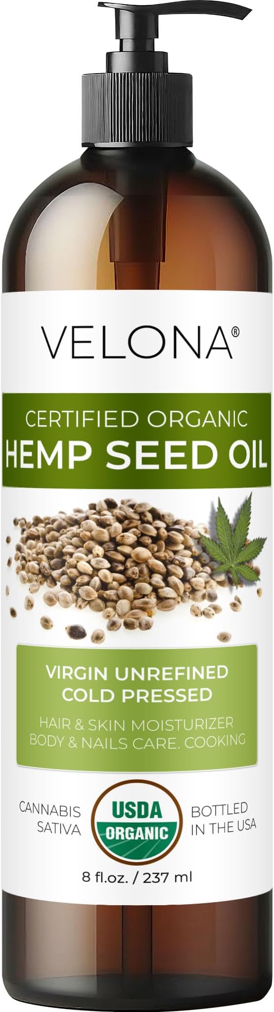 velona Hemp Seed Oil USDA Certified Organic - 8 Fl Oz | 100% Pure and Natural Carrier Oil | Unrefined, Cold Pressed | Hair, Body, Face & Skin Care