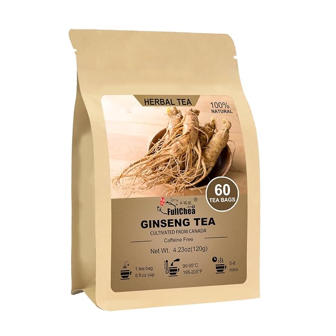 FullChea - Ginseng Tea bags, 60 Teabags - Pure Ginseng Root Tea - Caffeine-Free Herbal Tea with Wellness Support