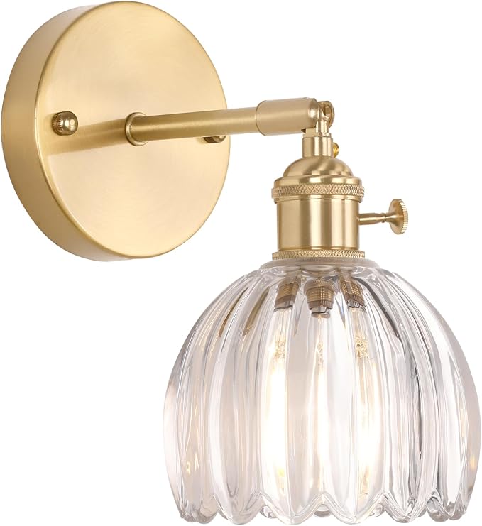 Shenmoyl Vintage Wall Sconces with Transparent Tulip Glass Lampshade 180 Degree Adjustable Brass Sconces Hradwired Modern Wall Lighting Fixture with Switch for Bedside Bedroom Doorway