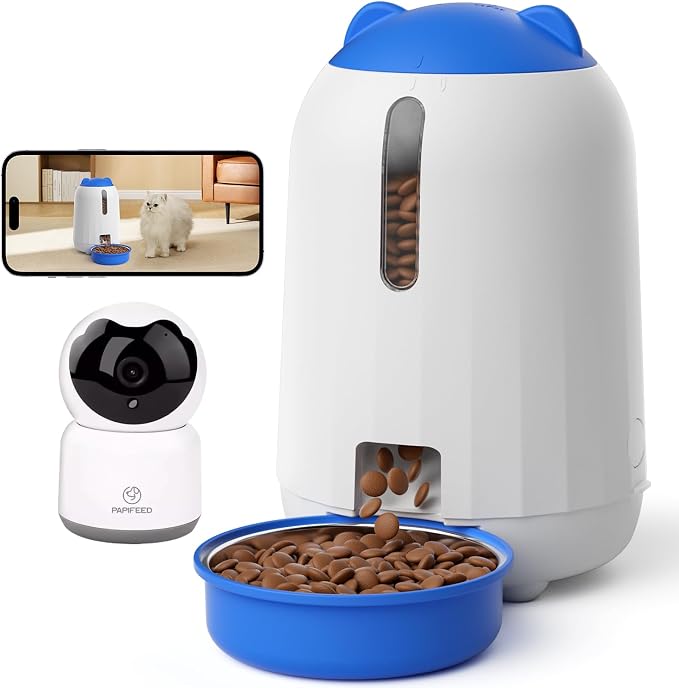 PAPIFEED 2-in-1 Automatic Cat Feeder and Pet Camera Combo, 1080P HD & 360°Pan-Tilt, 3L Cat Food Dispenser with App, 2.4G WiFi Timed Cat Feeder for Dry Food, Automatic Cat Feeder with Camera