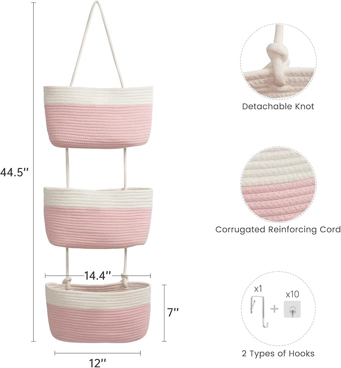 TeoKJ Over the Door Hanging Basket, 3-Tier Woven Cotton Wall-Mounted Storage Organizer Bag Decorative Hanging Nursery Baskets, Pink & White