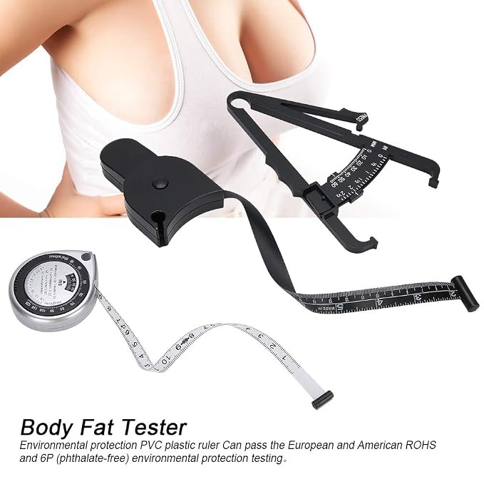 3 Piece Metric Body Fat Tester with Retractable Caliper & Waist Measurement Tape for Fitness & Activity Monitoring, Body Composition Analysis