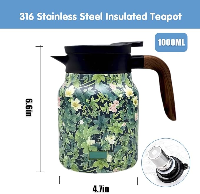 Vintage Floral Pattern Tea Pots – Built-in Infuser,Vintage Floral Teapot with Built In Infuser Stainless Steel Thermal Carafe with Lid for Hot Drinks,Purple(Wooden handle,35oz)