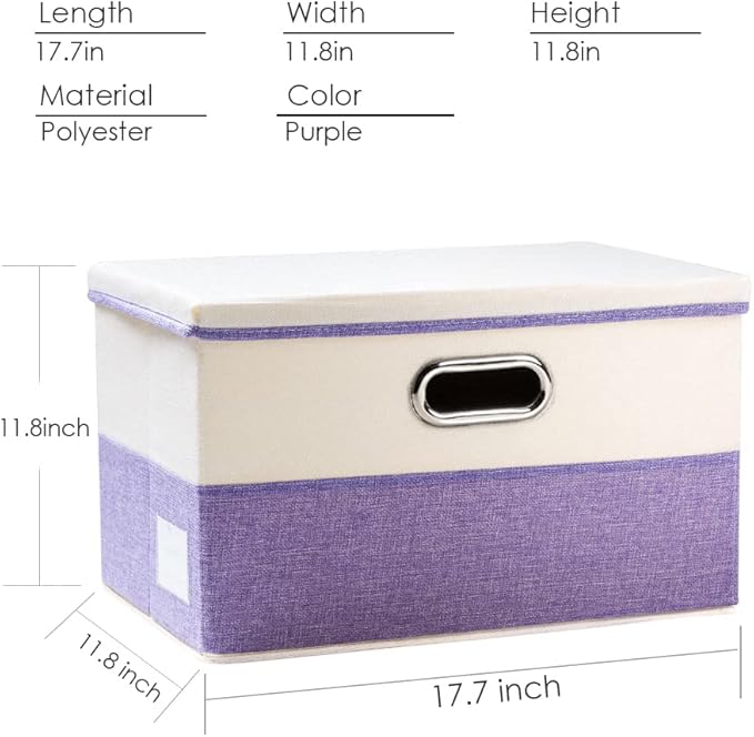 Large Foldable Storage Bins with Lids [3-Pack] linen Fabric Decorative Storage Boxes Organizer Containers Baskets Cube with Handles Divider for Bedroom Closet Purple&Cream(17.7x11.8x11.8)
