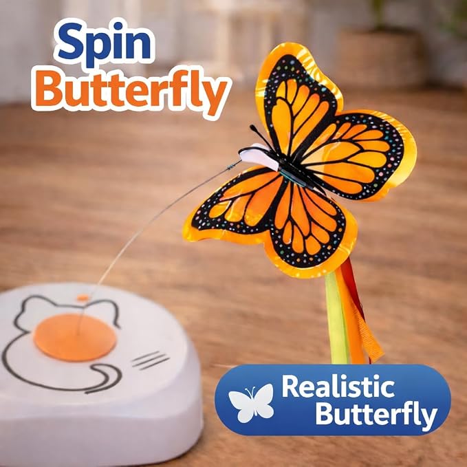 Interactive Cat Toy for Indoor Cats, Automatic Rotating Butterfly Feather Wand, Self Play Electric Cat Toy for Exercise & Mental Stimulation, Quiet Energy-Saving, AA Battery Operated