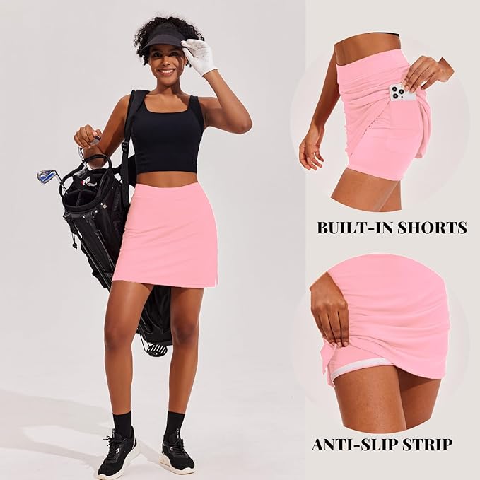 Ekouaer 16" Skorts for Women with Pockets Golf Pickleball Tennis Skirt | Silicone Grippers,2 Inner Pockets,Wide Waist,Side Slit Hem,Breathable,Soft,Lightweight