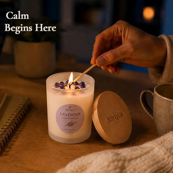 Meditation Candle Gift, 9 oz Lavender Crystal Candle, Wood Lid