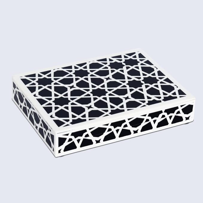 Handicrafts Home Decorative Storage Box with Lid, Black and White Moroccan Zellij Decorative Remote Control Box, Slim Coffee Table Storage Box for Shelf, Desk & Living Room Decor, Zellij 8 x 6 x 1.5