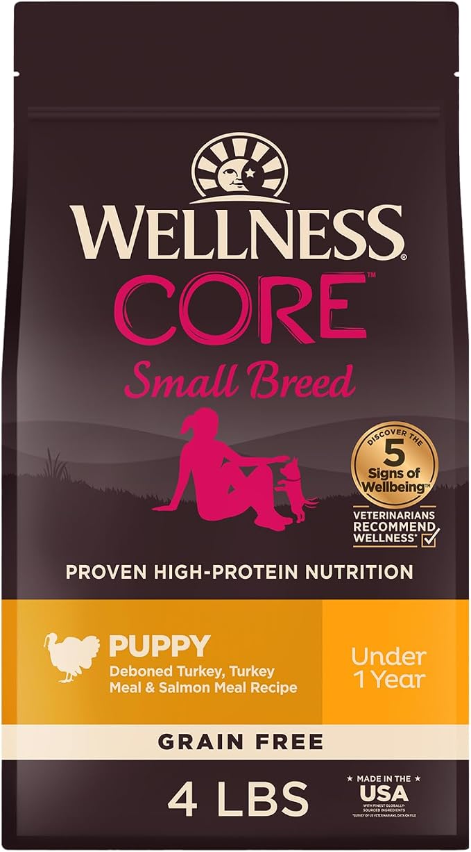 Wellness CORE Small Breed Puppy Dry Dog Food, Grain Free Kibble, Natural, High Protein, Turkey and Salmon Recipe, 4 lb Bag