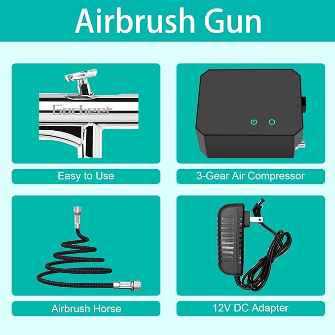 Gocheer Airbrush Kit with Air Compressor, 40 48 PSI High Pressure Air Brush Non-Clogging with 0.2/0.3/0.5mm Nozzle/Cleaning Sets, Ideal for Painting, Modeling, Cake Decor, Makeup (Black, 40 PSI)
