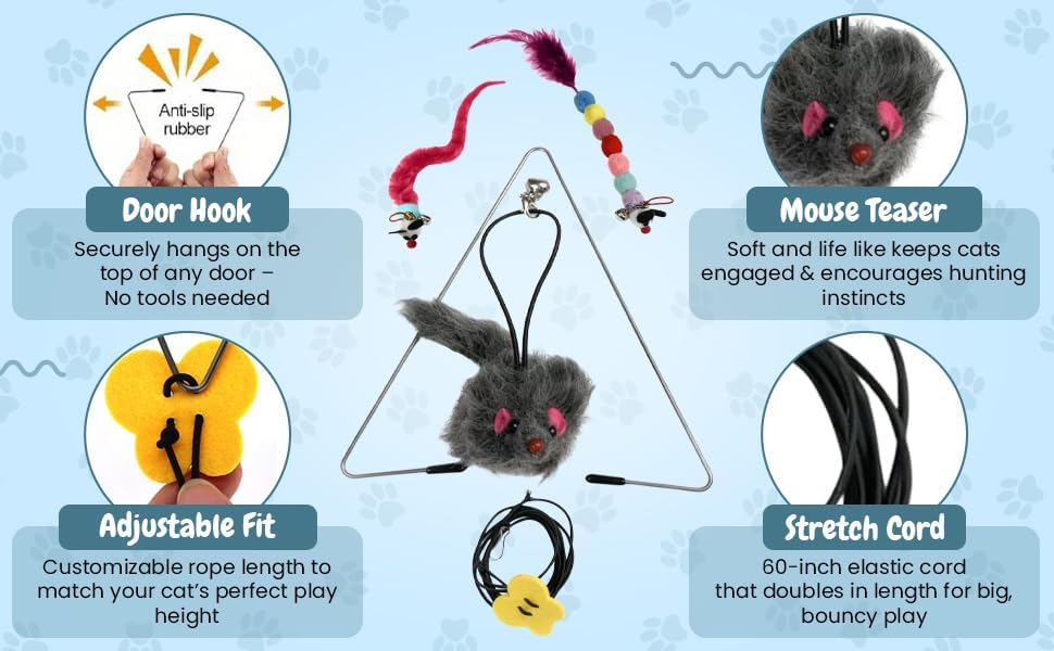 Interactive Cat Toys for Indoor Cats - Hanging Door Cat Toy with Bouncy Mouse and Bell - Door-Mounted Fun Toy for Cats at Home - Includes 2 Bonus Attachments