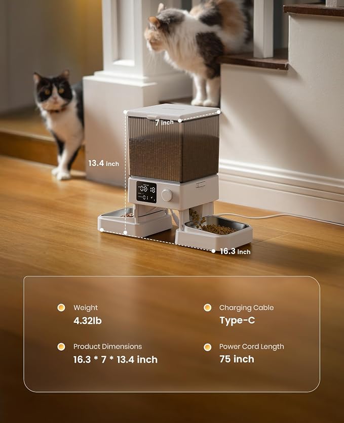 oneisall Automatic Cat Feeder for 2 Cats Pets, Timed Cat Food Dispenser | 20 Cups/5L, Prevent Fighting, Precise Portion, Balanced Dispense, Non-Slip & Stable, Voice Recorder, Stainless Steel Bowls