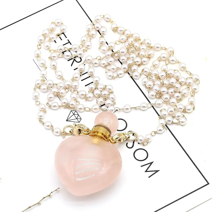 1pcs Natural Rose Quartz Stone Perfume Bottle Pendant Pearl Bead Chain Rectangle Heart Necklace for Women Jewelry Free Accessory Glasses