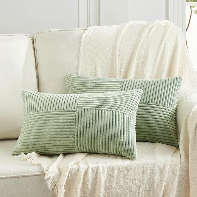 Fancy Homi 2 Packs Sage Green Lumbar Decorative Throw Pillow Covers 14x22 Inch for Living Room Couch Bed, Rustic Farmhouse Boho Home Decor, Soft Striped Corduroy Rectangle Accent Cushion Case 35x55 cm