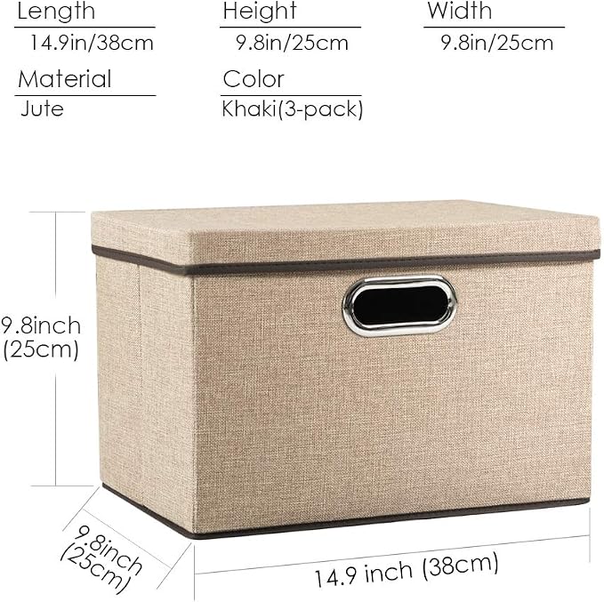 Collapsible Storage Cubes with Lids [3-Pack] Jute Fabric Foldable Storage Boxes Organizer Containers Baskets Bins with Cover for Home Bedroom Closet Office Nursery (14.9x9.8x9.8)