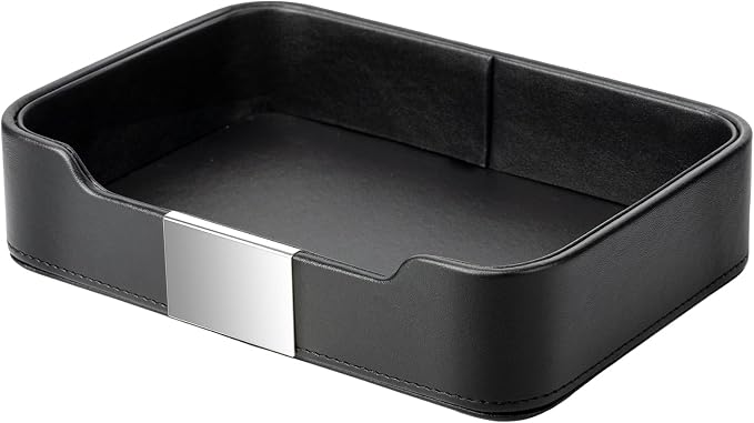 Leather Tray Organizer, Valet Tray Key Tray (Metal Silvered, Black) | Leather Catchall Tray for Entryway Table Desktop Storage, Decorative Tray for Jewelry Keys Wallet Phone Watch