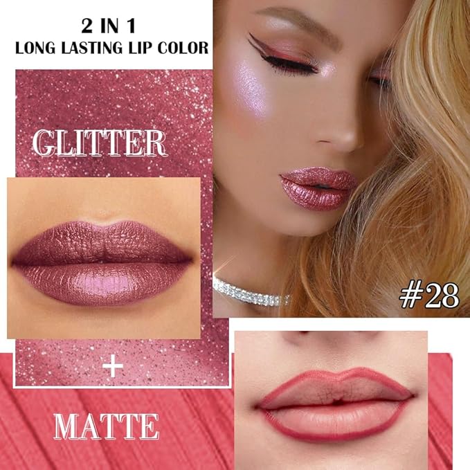 evpct Plum Red Metallic Glitter Lip Liner and Lipstick Combo Lip Gloss Stain Set Makeup for Women Long Lasting Waterproof 24, Plum Red Metallic Shimmer Frosted Iridescent Glossy Liquid Lipstick 28