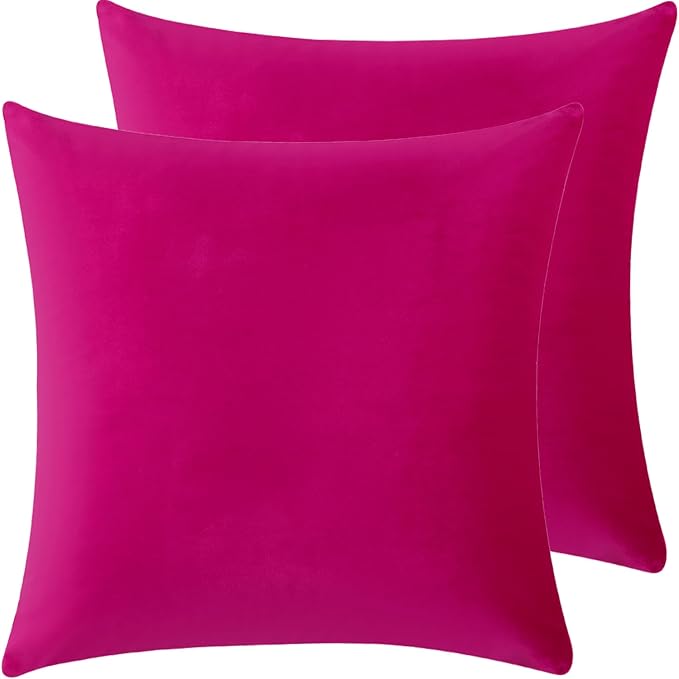 Velvet Decorative Throw Pillow Covers, Soft Square Cushion Case Home Decor for Living Room Couch Bed Sofa, Set of 2 Pack, Hot Pink, 18x18 Inch