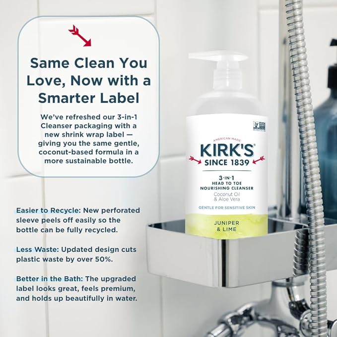 Kirk's 3-in-1 Castile Liquid Soap Travel Size Bar Soap (1.13 oz.) | Head-to-Toe Clean Shampoo, Face Soap & Body Wash for Men, Women & Children | Juniper & Lime Scent | 32 Fl Oz.